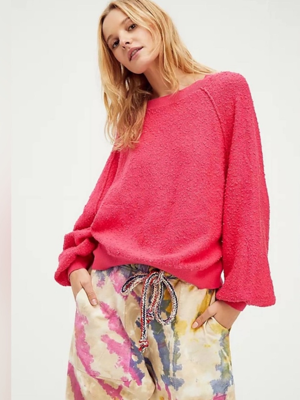Free People Bright Pink Bouclé Crewneck Sweater
